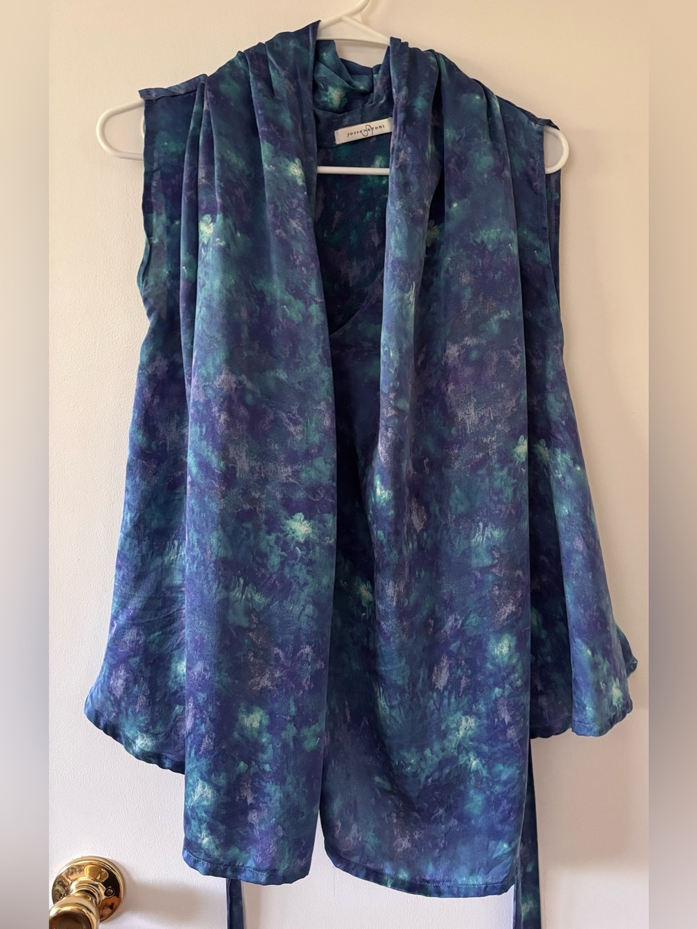 Josie Natori 100% Silk Sleeveless Tie-Front Tunic in Purple, Blue, Teal Abstract